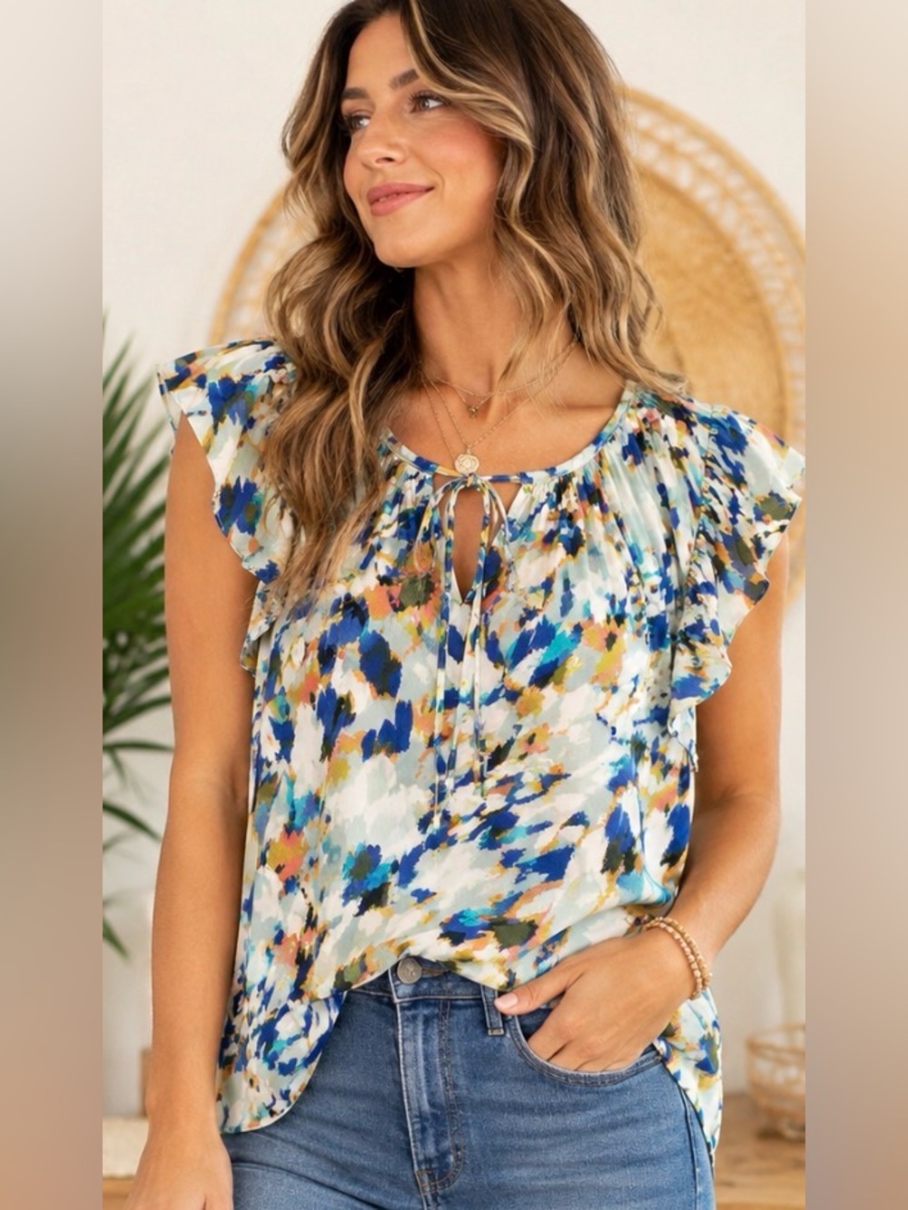 Liverpool Los Angeles Vibrant Abstract Watercolor Ruffle Sleeve Blouse – XS